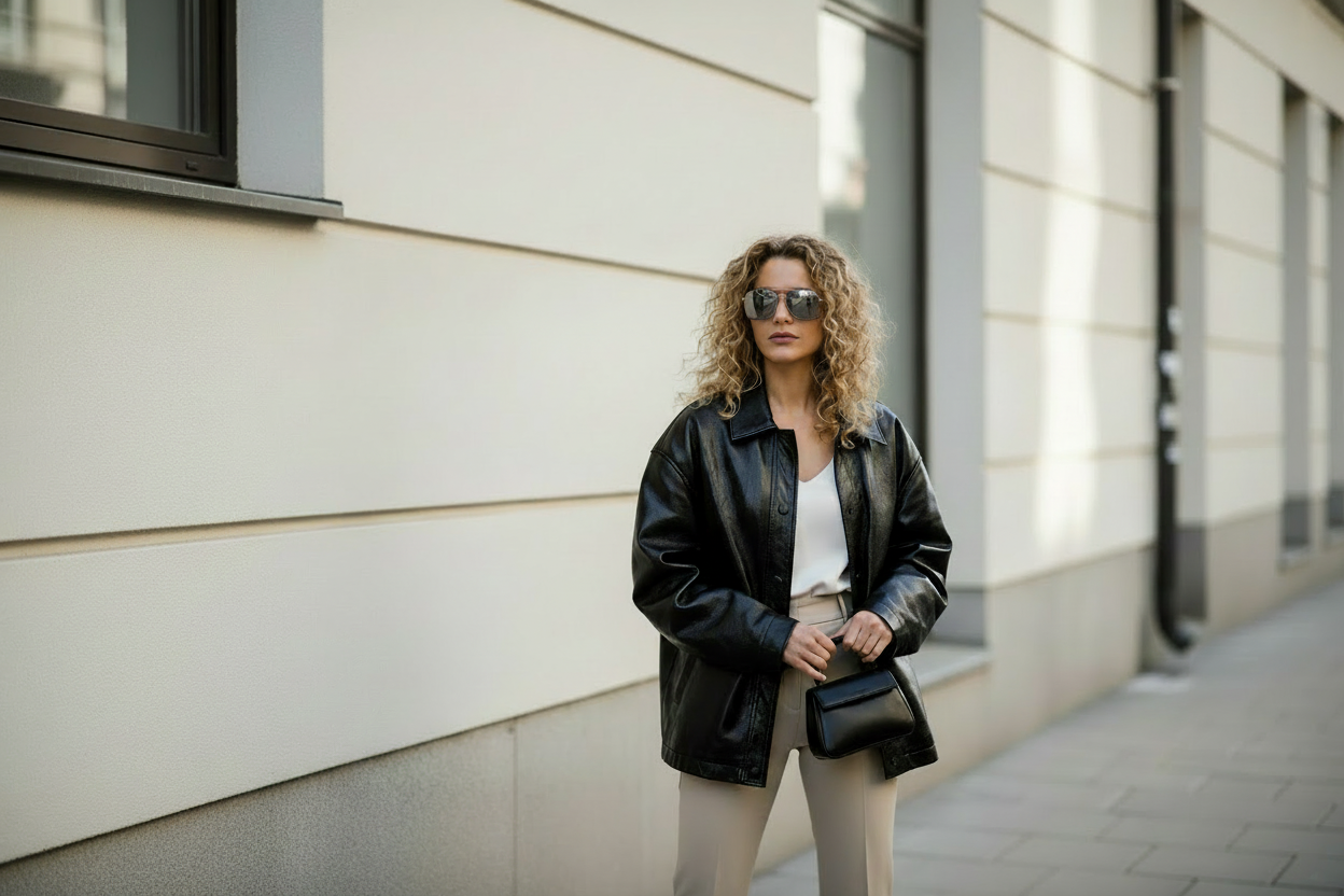 Lederjacke schimmernd schwarz bitte und oversized